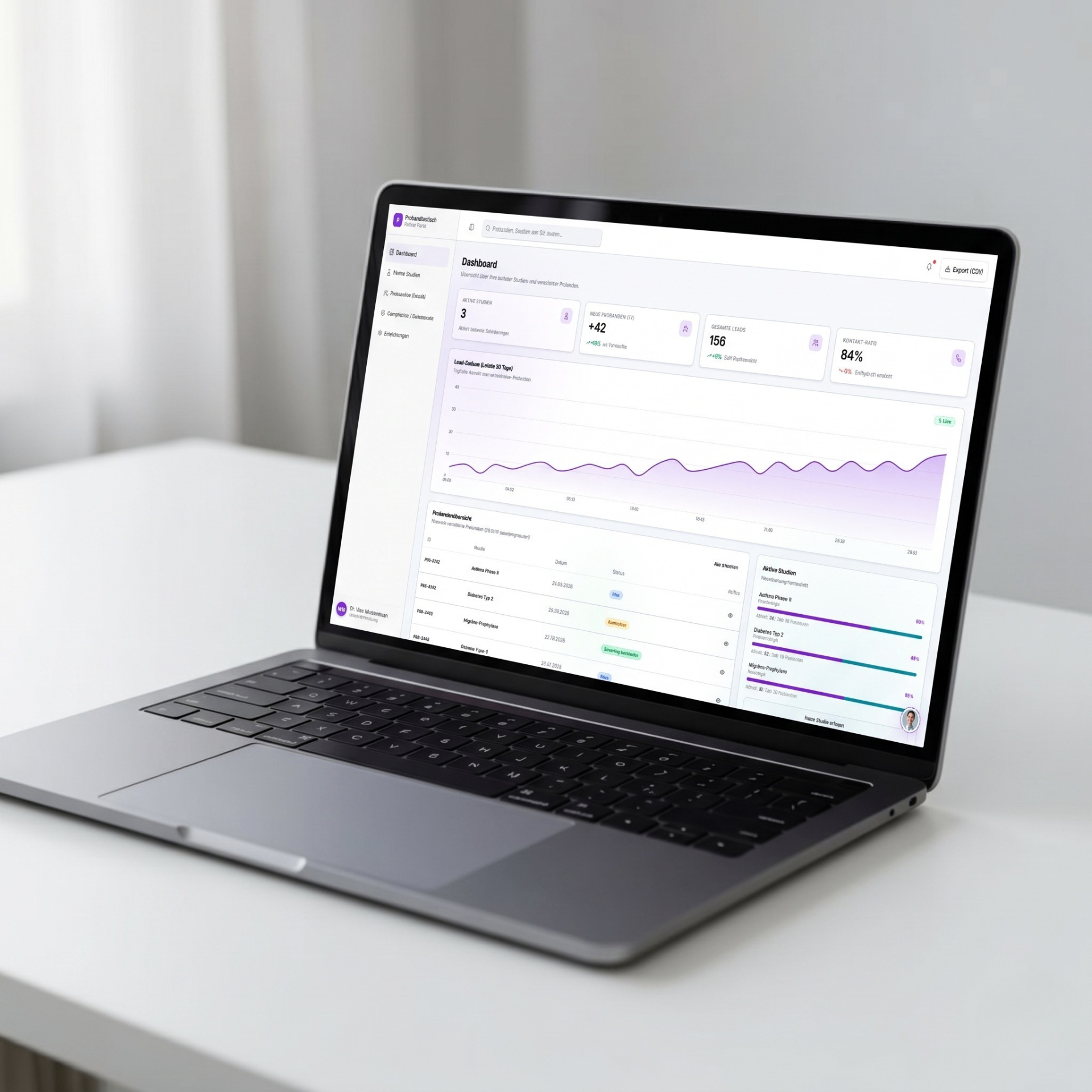 Probandtastisch Reporting-Dashboard für klinische Studien auf Laptop